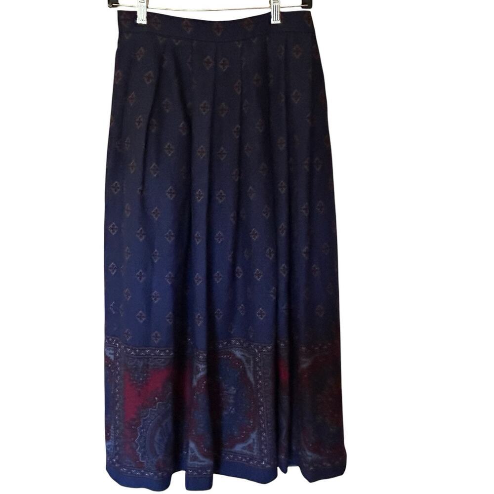 Vintage Talbots Paisley Geometric 100% Wool Navy/Burgundy Midi A-Line Skirt 10